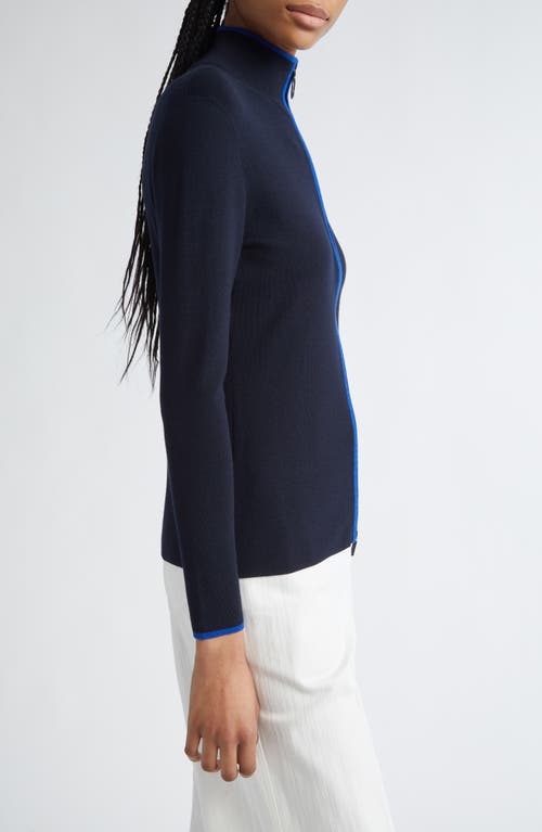 Akris Punto Contrast Trim Virgin Merino Wool Zip Front Cardigan In Blue