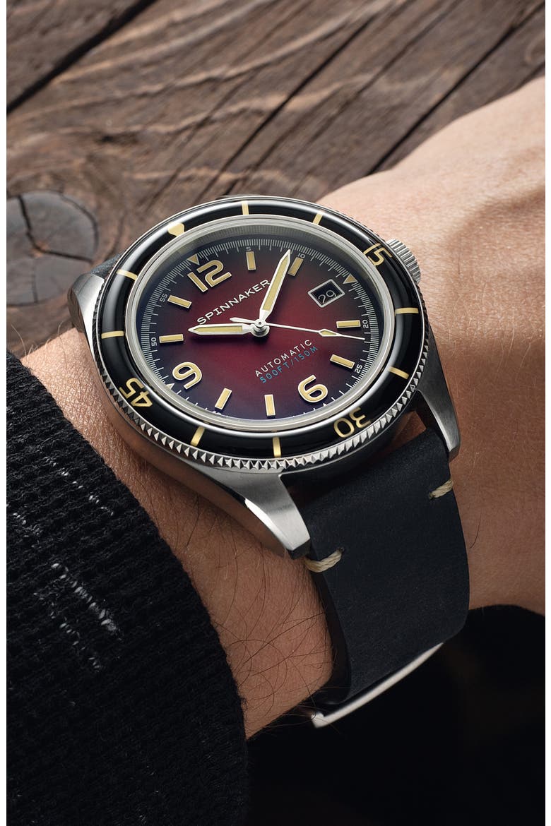 Fleuss Automatic Leather Strap Watch, 43mm, Alternate, color, RED