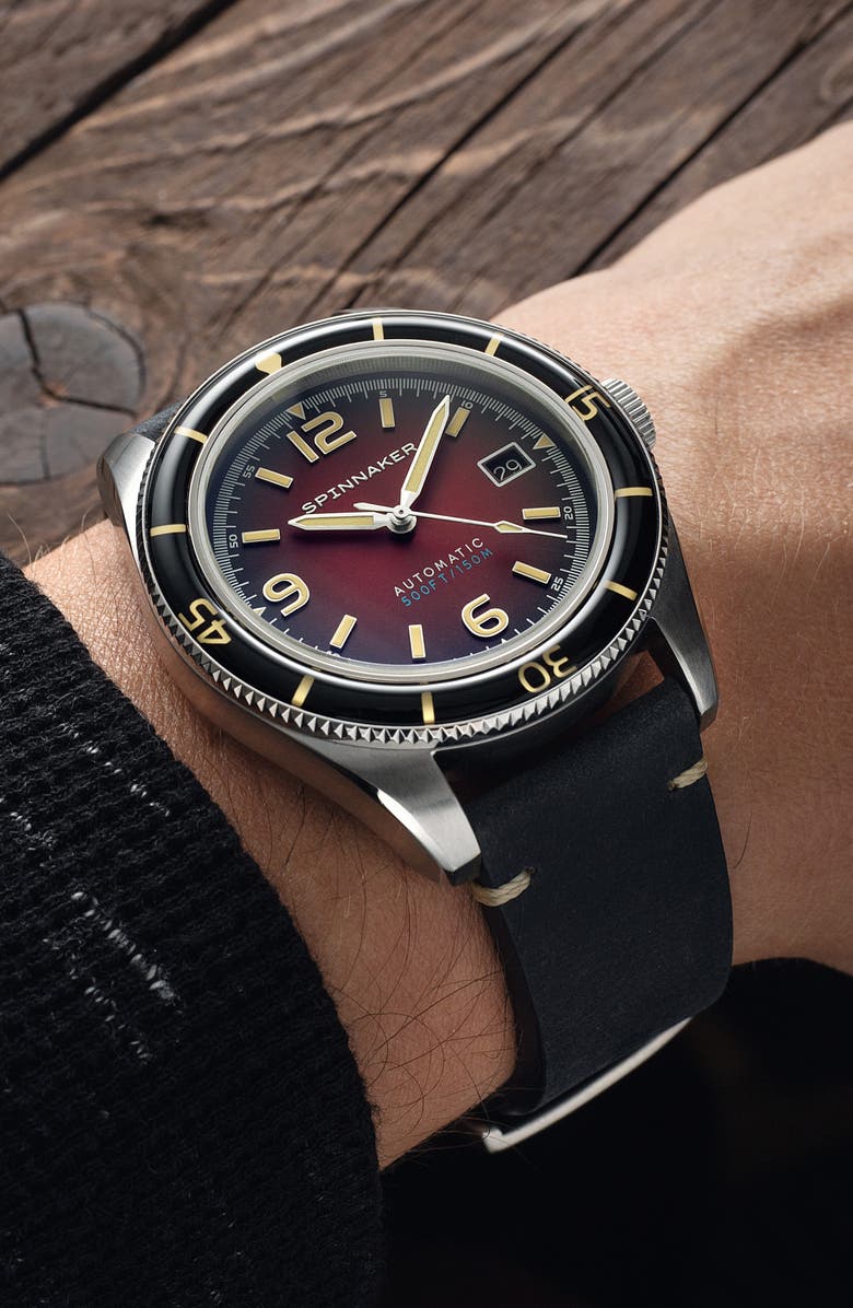 SPINNAKER Fleuss Automatic Leather Strap Watch, 43mm, Alternate, color, Red