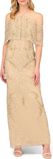 Aidan Mattox by Adrianna Papell Cold Shoulder Beaded Halter Column