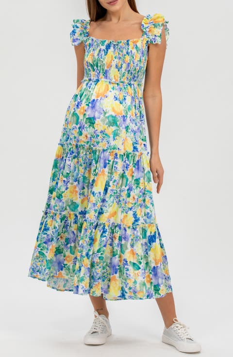 Floral Smocked Off the Shoulder Maternity Dress