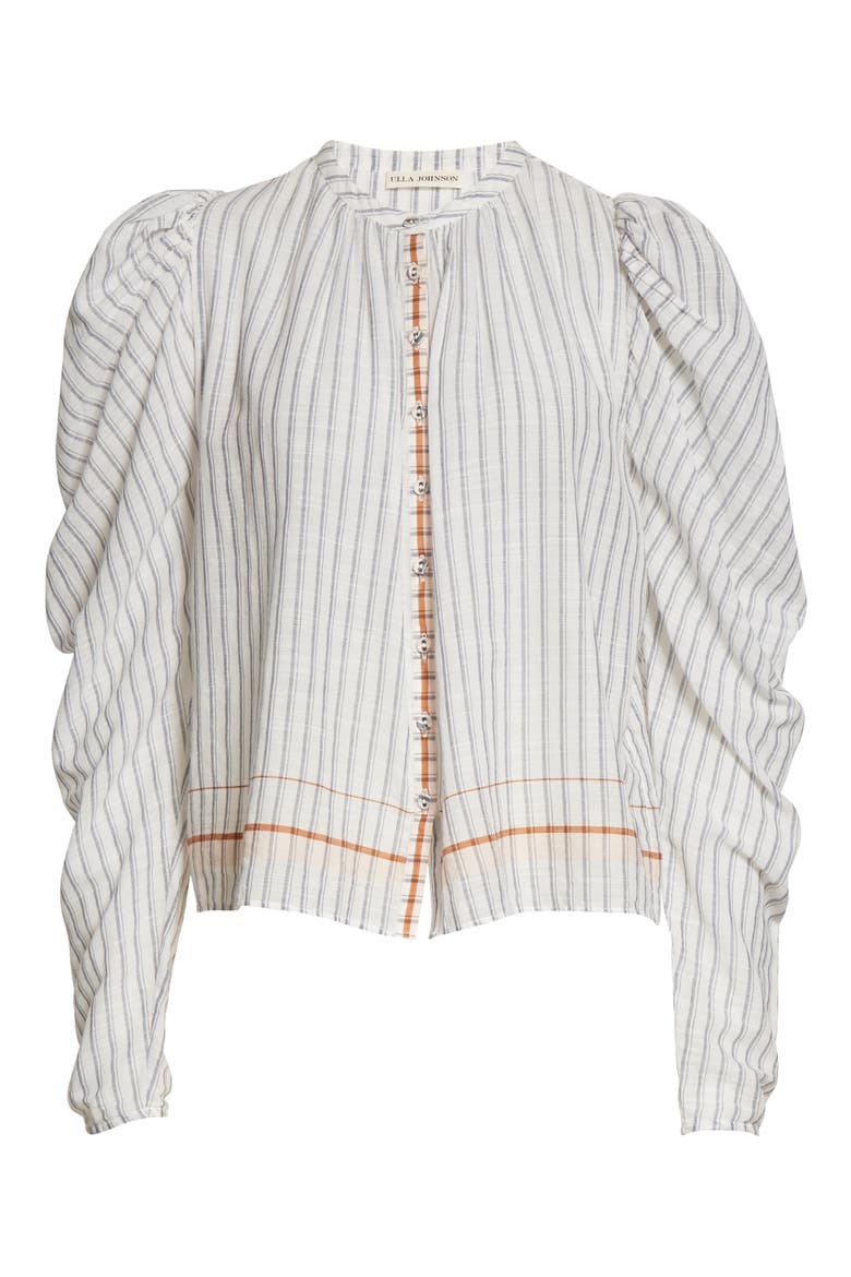 Nour Stripe Gathered Sleeve Blouse, Alternate, color, CLOUD