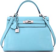 Pre-Owned Hermes Kelly Handbag Blue Clemence with Palladium Hardware 28
