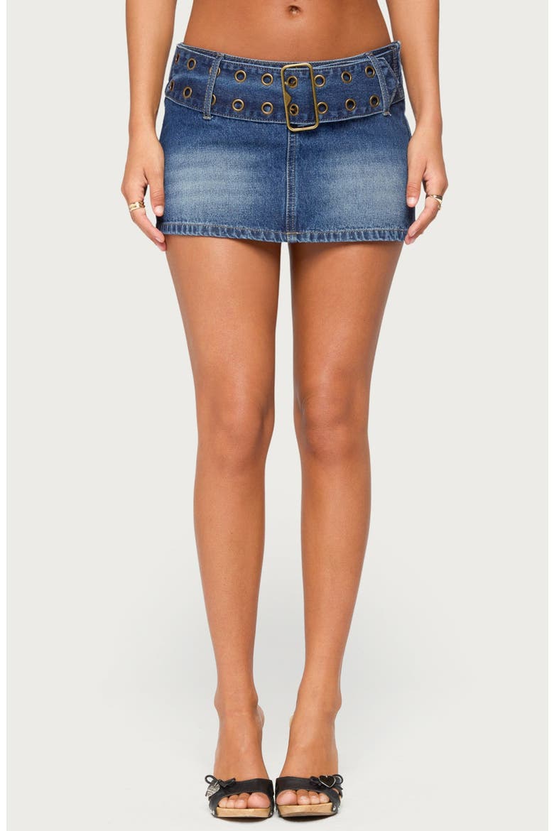 Laela Grommet Belt Denim Mini Skort, Main, color, DARK-BLUE