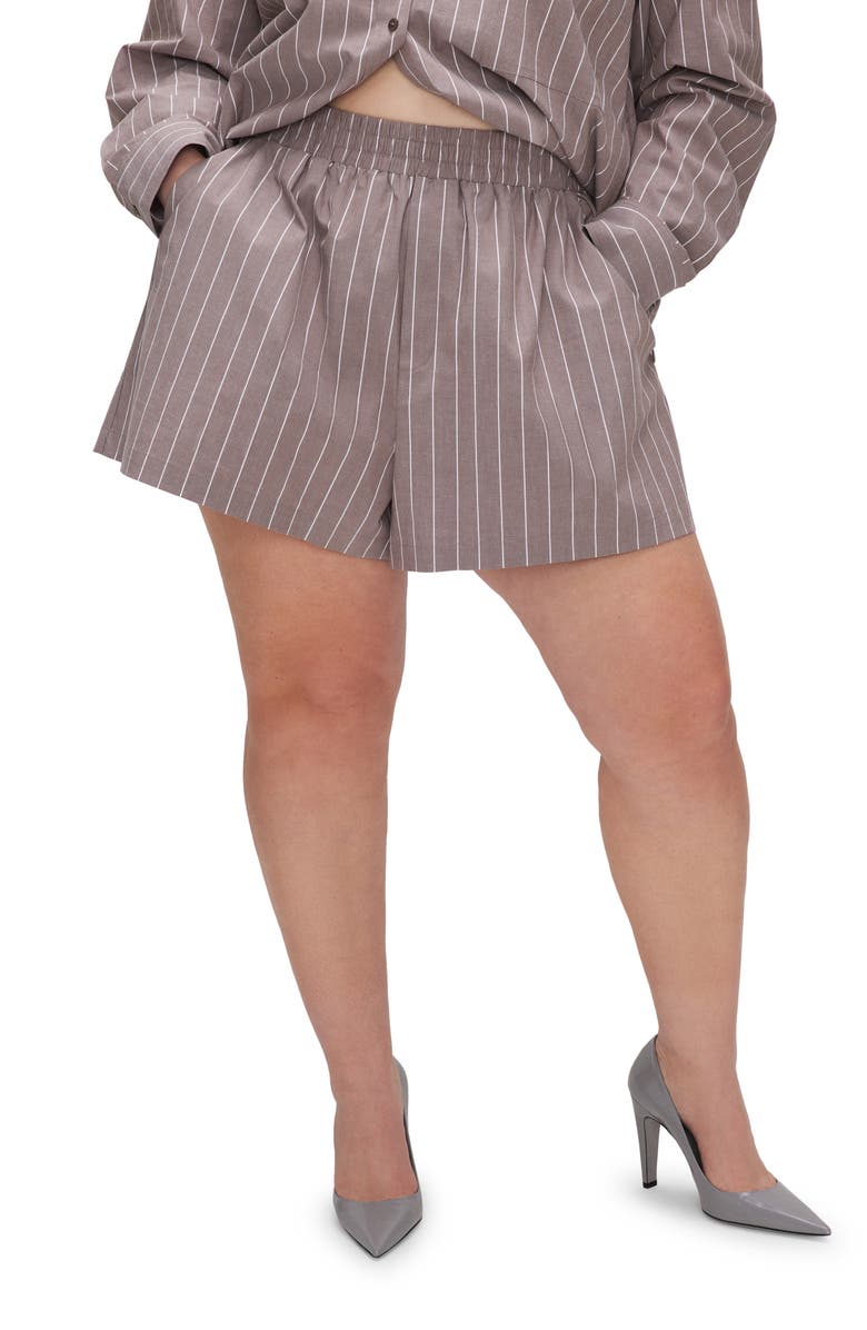 Good American Stripe Stretch Cotton Poplin Shorts, Alternate, color, Putty Stripe001