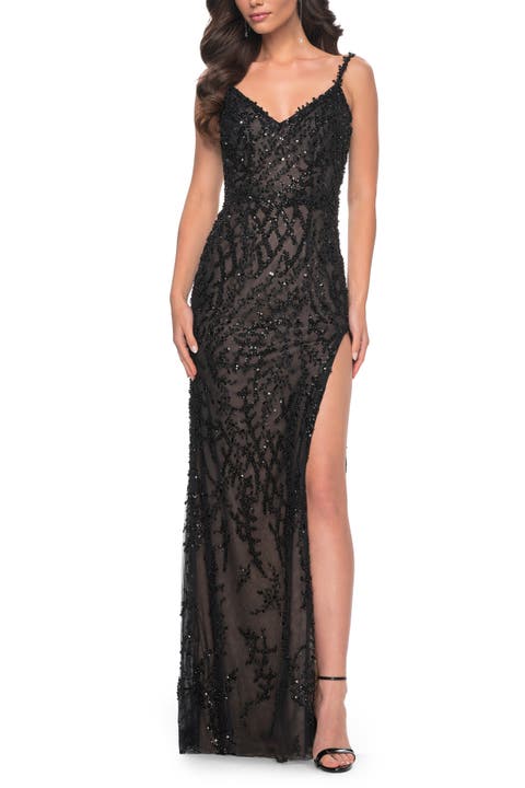 Beaded Gown with Intricate Design and V Neckline