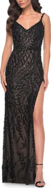 La Femme Beaded Gown with Intricate Design and V Neckline