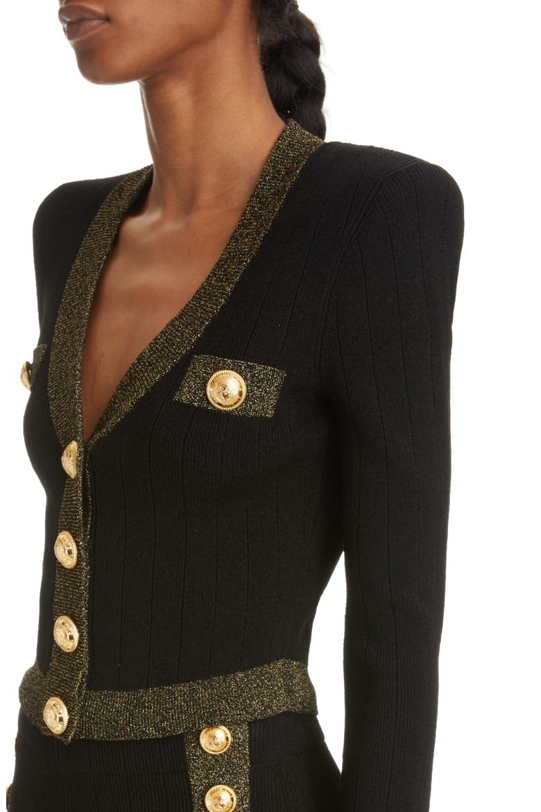 Metallic Trim V-Neck Cardigan, Alternate, color, BLACK/ GOLD