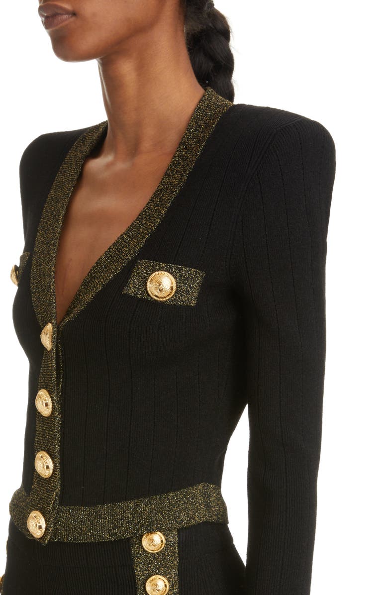 Balmain Metallic Trim V-Neck Cardigan, Alternate, color,