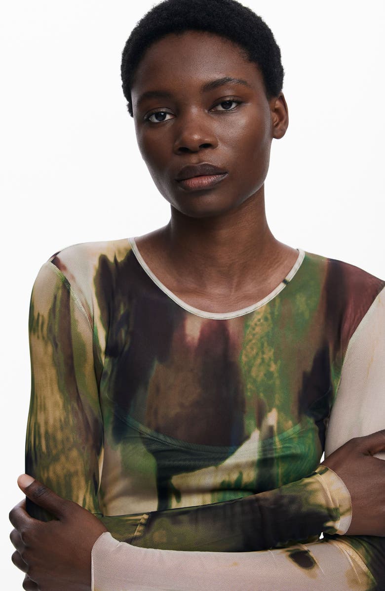 Desigual Print Mesh Long Sleeve Maxi Dress, Alternate, color, Military Green