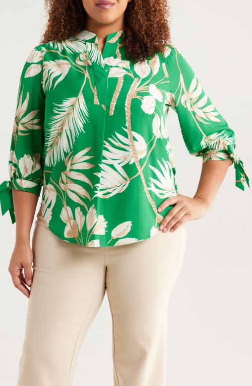 Anne Klein Palm Print Tie Cuff Crepe Top In Tropical Green Multi