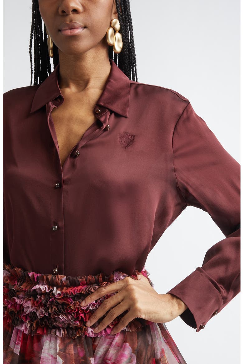 Luna Silk Satin Button-Up Shirt, Alternate, color, WINE