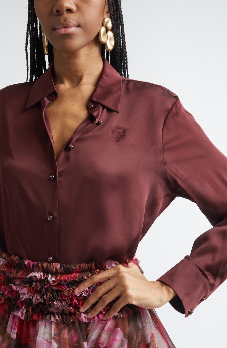 Zimmermann Luna Silk Satin Button-Up Shirt, Alternate, color, Wine