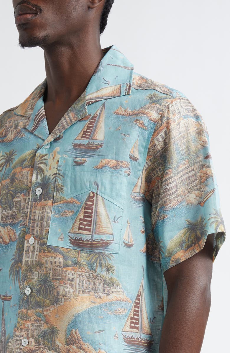 Rhude Sailing Map Short Sleeve Linen Button-Up Shirt, Alternate, color, 
