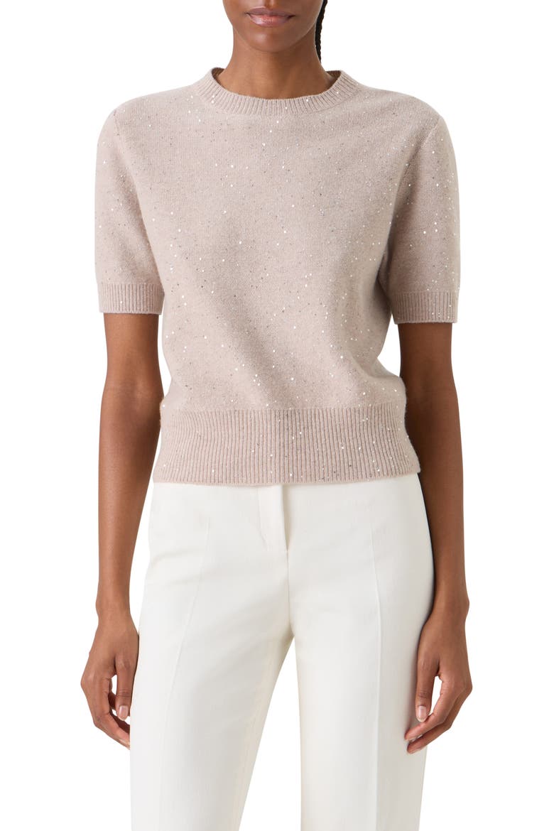 Sequin Short Sleeve Virgin Wool & Cashmere Blend Sweater, Main, color, BEIGE