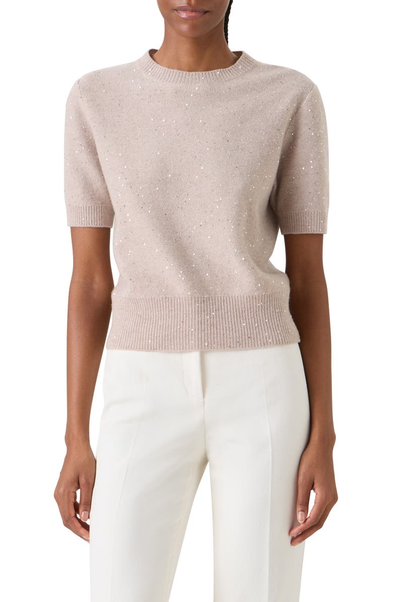 Akris Sequin Short Sleeve Virgin Wool & Cashmere Blend Sweater, Main, color, Beige