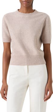 Akris Sequin Short Sleeve Virgin Wool & Cashmere Blend Sweater