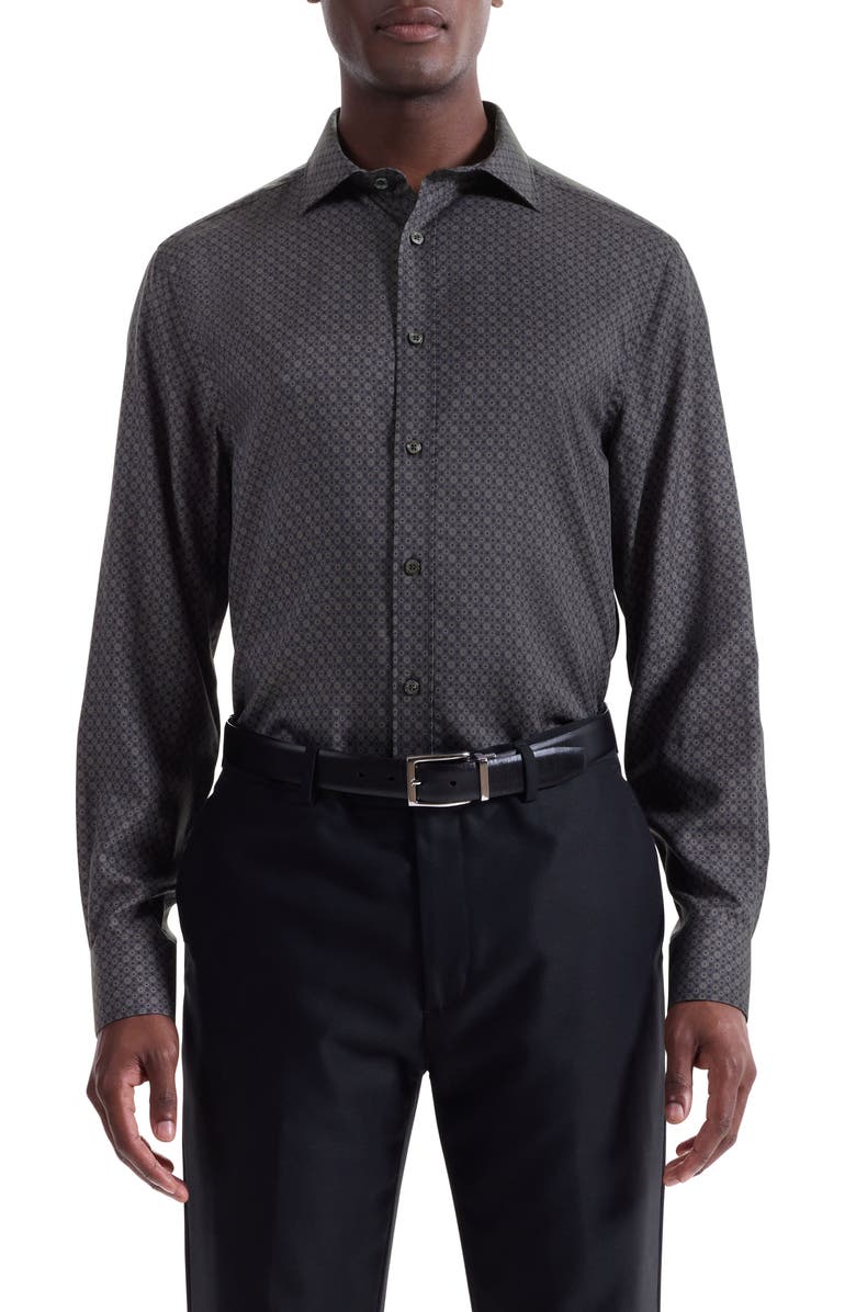 Bugatchi Axel Shaped Fit Geo Print Lyocell Button-Up Shirt, Main, color, Anthracite