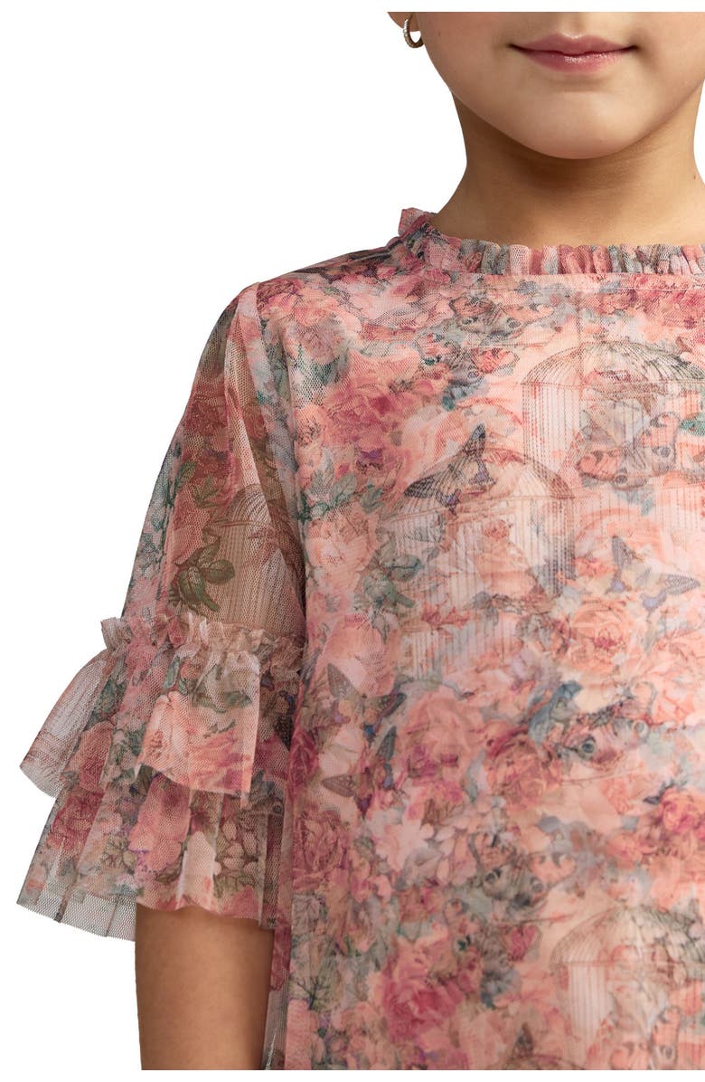 Mac Duggal Girls Floral Printed Short Sleeve Ruffle Dress, Alternate, color, Pink Multi