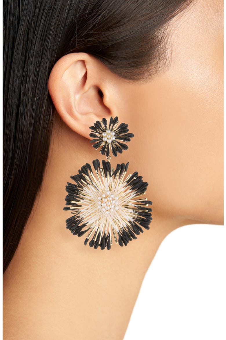 Faux Pearl Starburst Double Drop Earrings, Alternate, color, BLACK