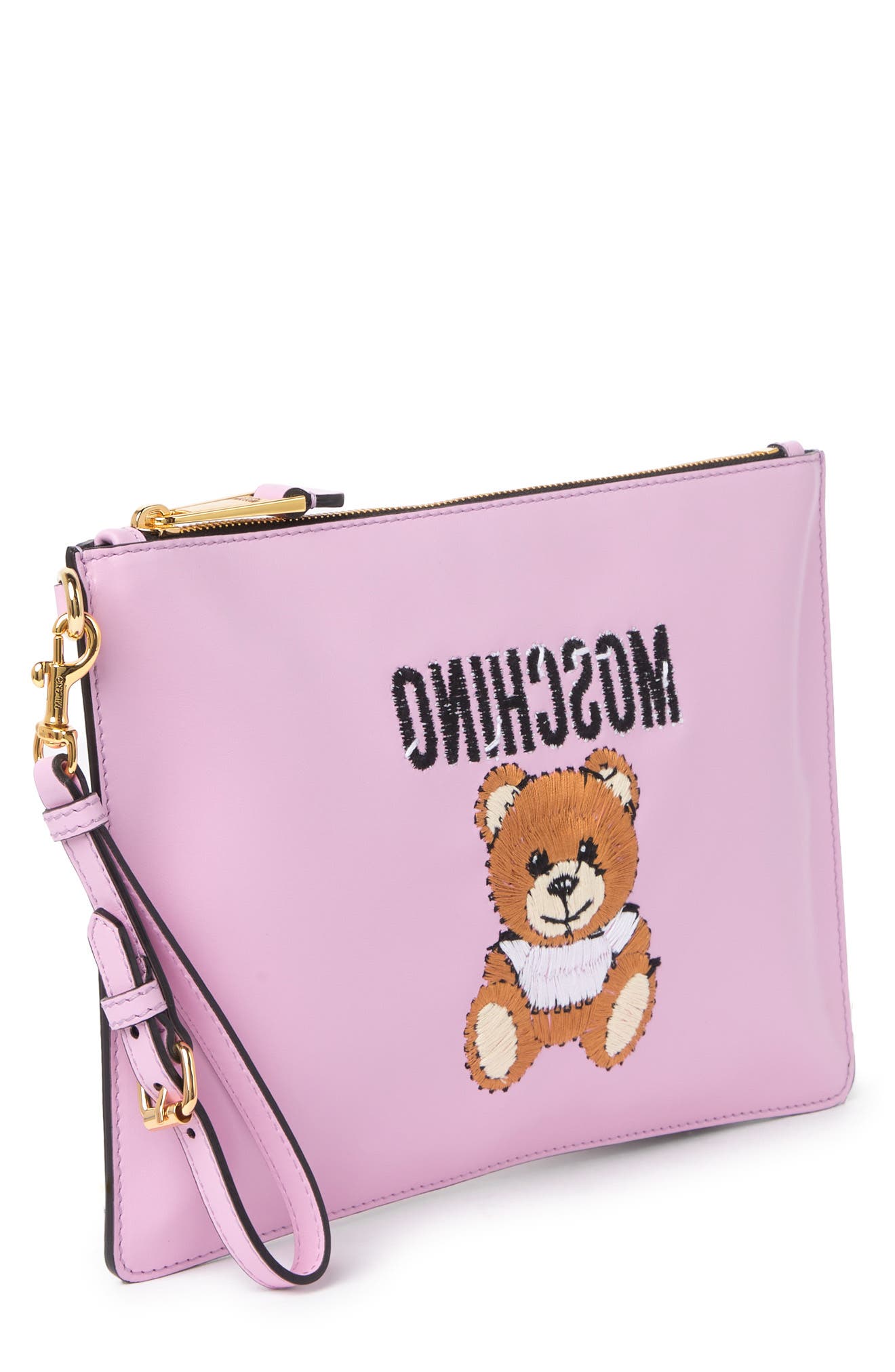 Moschino Embroidered Teddy Zip Pouch, Alternate, color, 