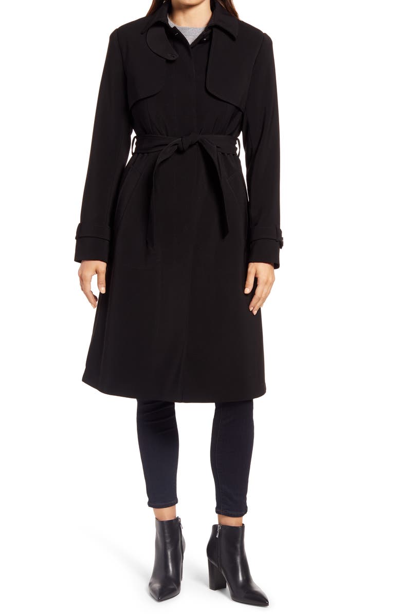 Ellen Tracy Pleated Trench Coat, Main, color, Black