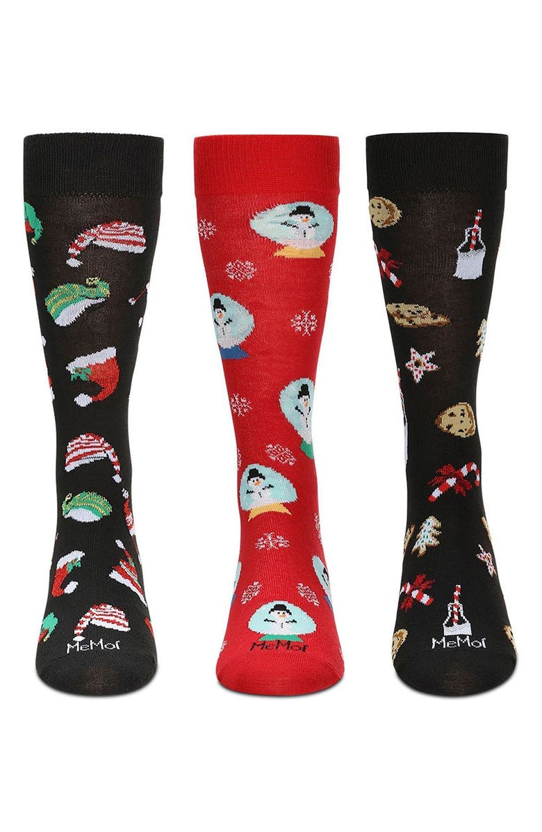 MeMoi Assorted 3-Pack Christmas Socks, Main, color, Black/ Red