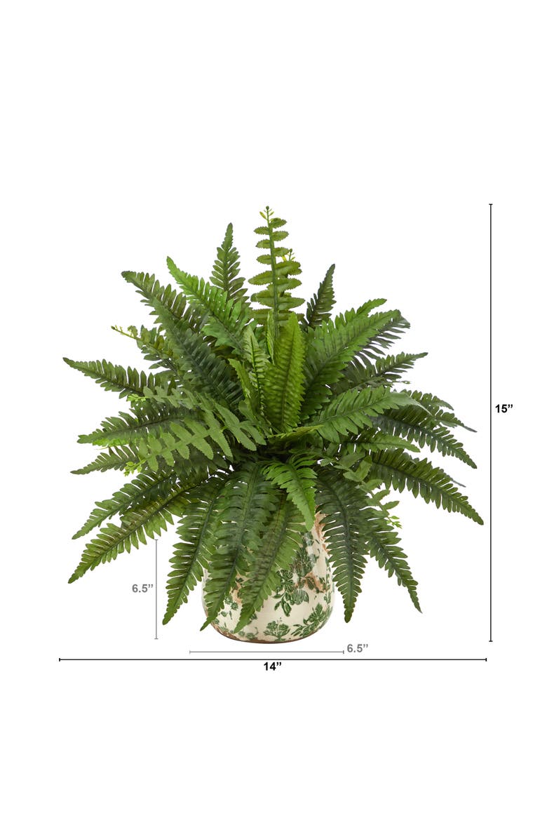 NEARLY NATURAL 15-in Boston Fern Artificial Plant with Tuscan Ceramic Green Scroll Planter, Alternate, color, Green