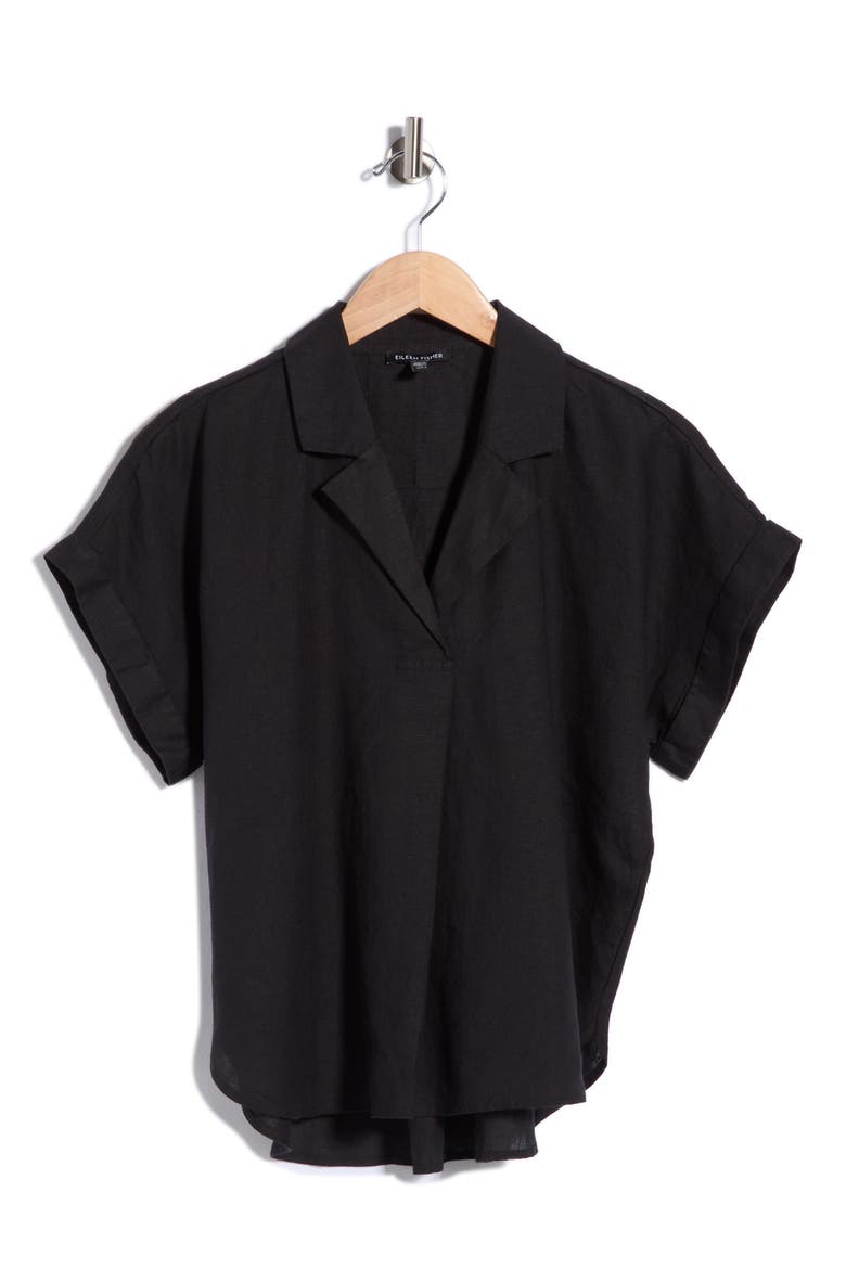 Notch Collar Short Sleeve Organic Linen Top, Alternate, color, BLACK