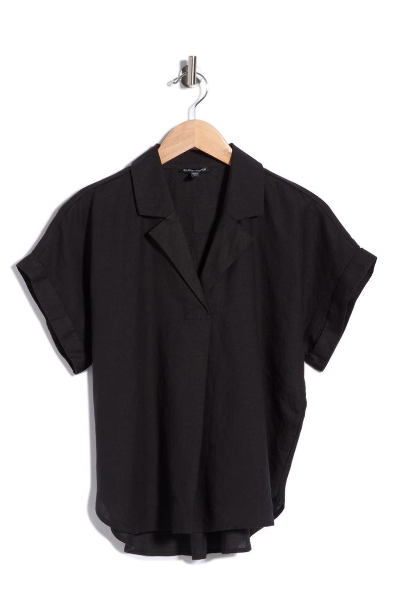 Eileen Fisher Notch Collar Short Sleeve Organic Linen Top, Main, color, Black