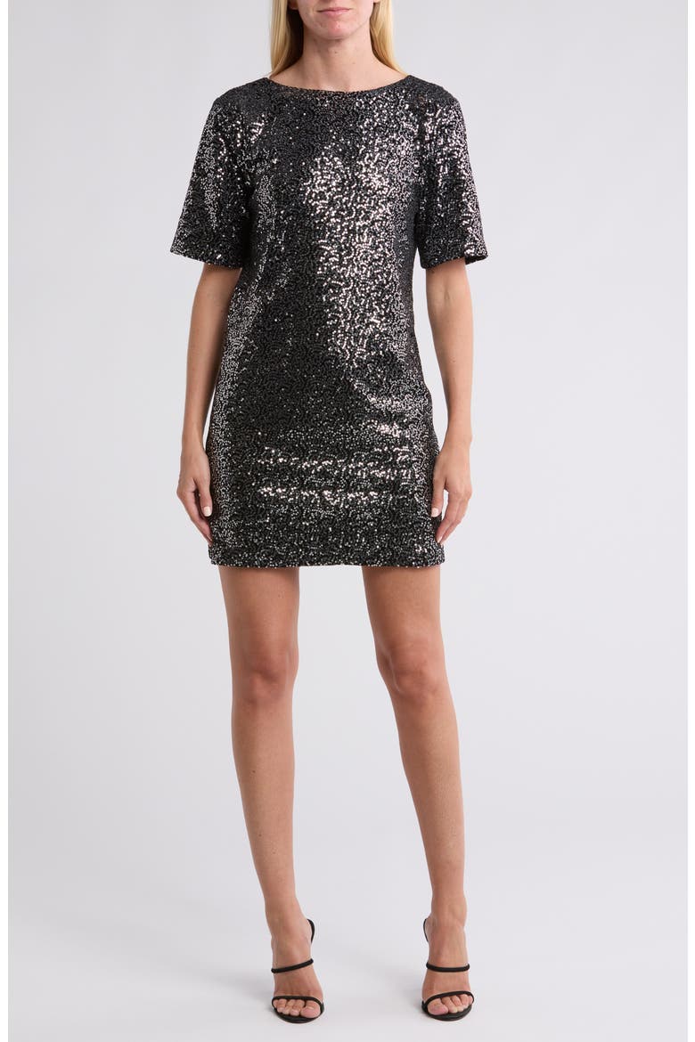 Elbow Length Sleeve Sequin A-Line Cocktail Dress, Main, color, BLACK