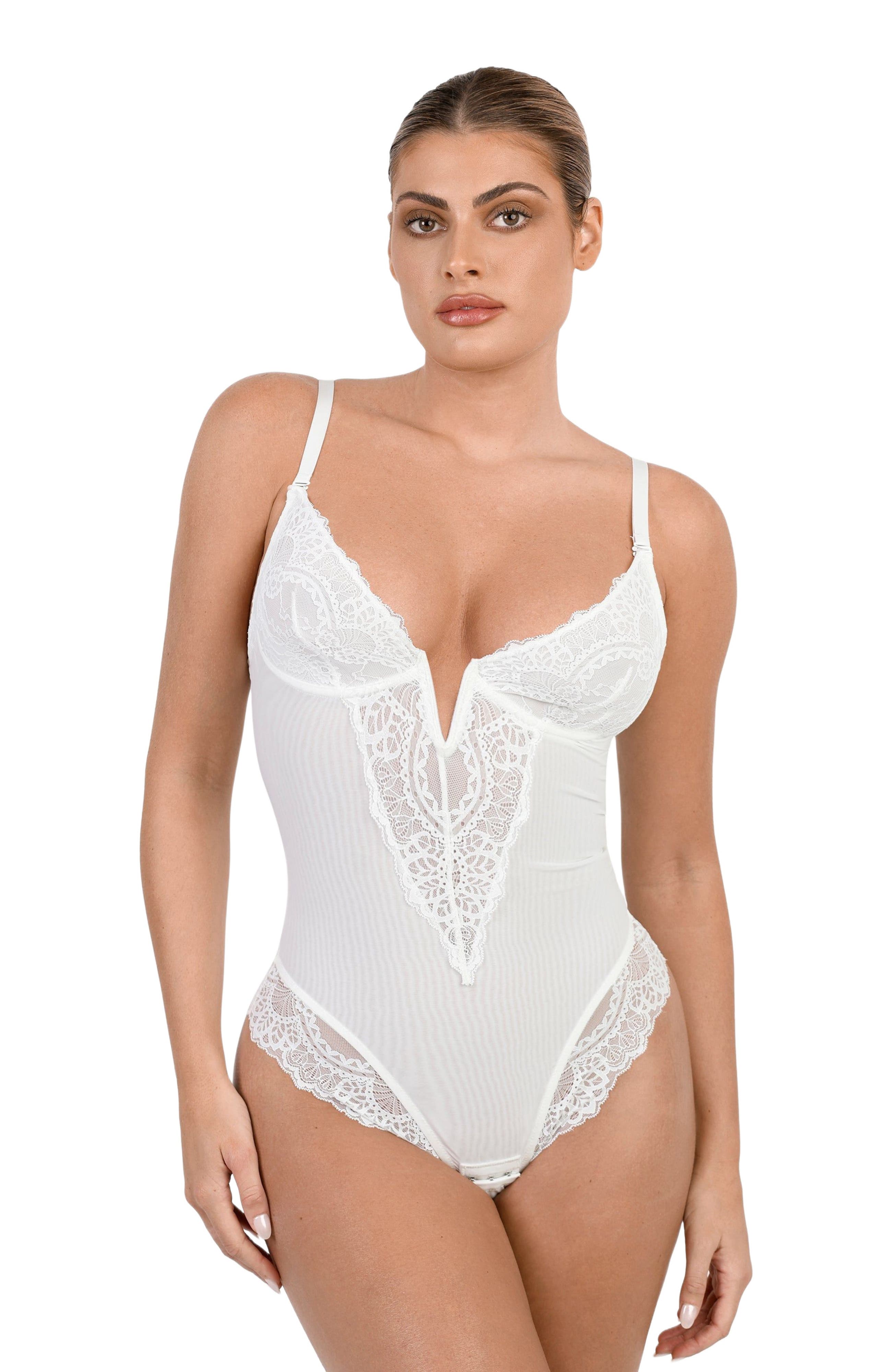 Popilush Plus Size Shapewear Lace Deep V-Neck Sculpting Thong Bodysuit in White at Nordstrom, Size Xxx-Large
