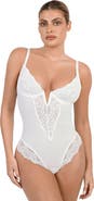Popilush Plus Size Shapewear Lace Deep V-Neck Sculpting Thong Bodysuit