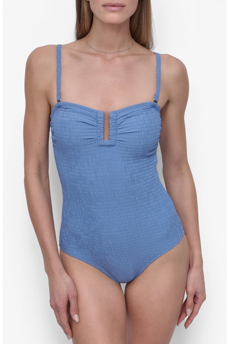 Bandeau Shirred One-Piece Swimsuit, Main, color, BLUE BELL TEXTURED
