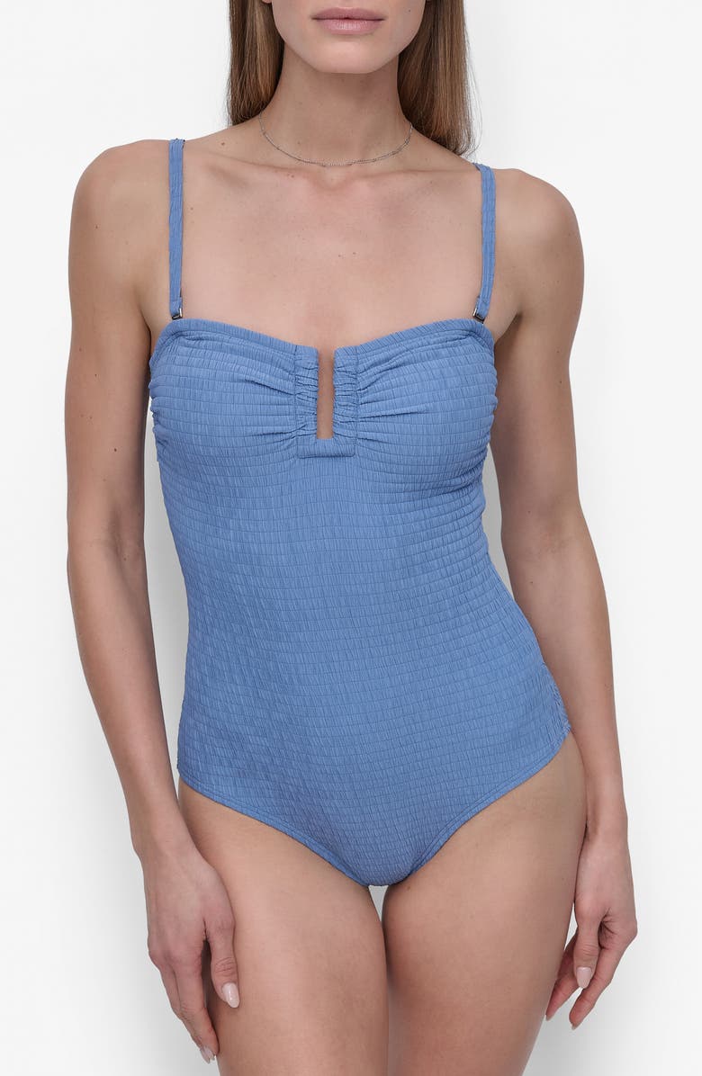 DKNY Bandeau Shirred One-Piece Swimsuit, Main, color, Blue Bell Textured