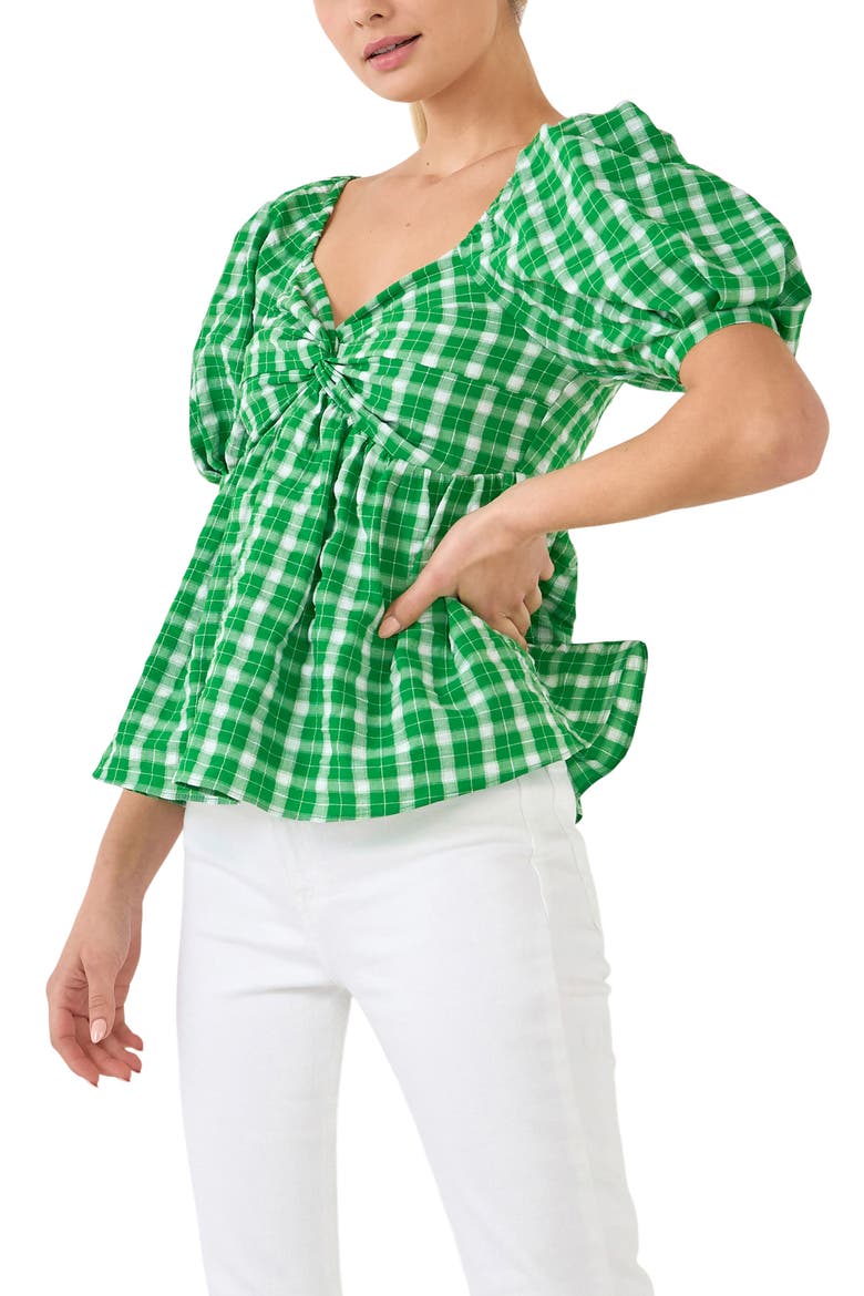 Twist Front Gingham Puff Sleeve Top, Alternate, color, GREEN