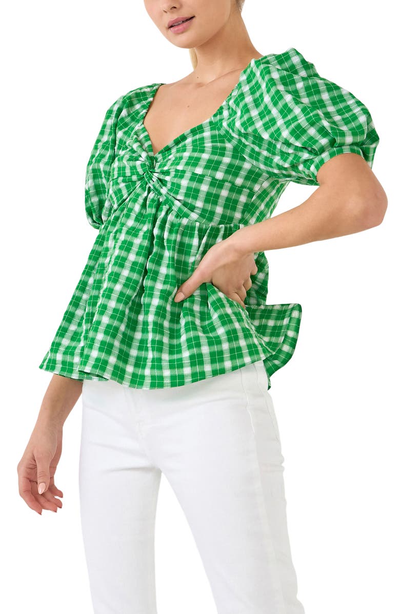 English Factory Twist Front Gingham Puff Sleeve Top, Alternate, color, Green