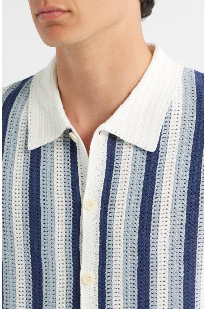 Porto Stripe Short Sleeve Cotton Blend Button-Up Shirt, Alternate, color, BLUE / ECRU