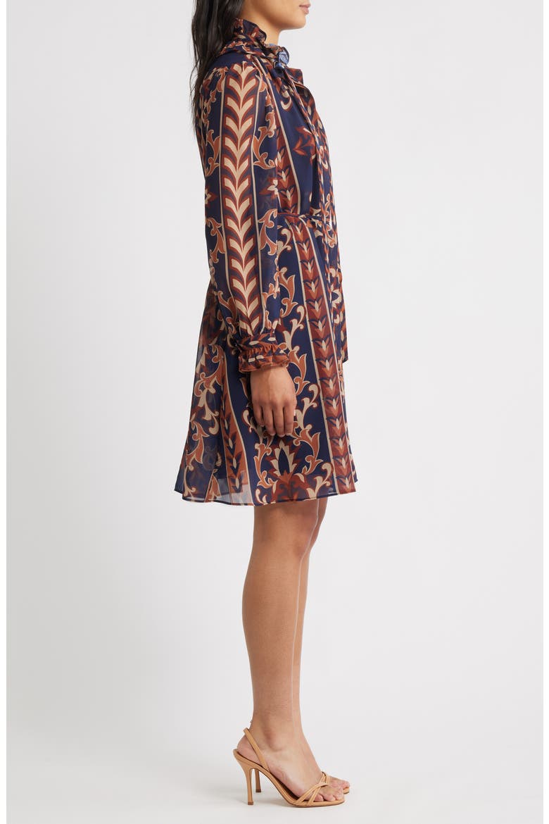 Florentine Print Long Sleeve Tie Neck Shirtdress, Alternate, color, NAVY MULTI