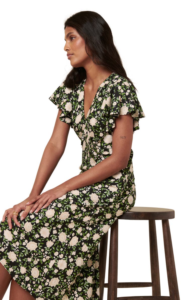 Nobody's Child Martha Flora Flutter Sleeve Midi Dress, Alternate, color, Black