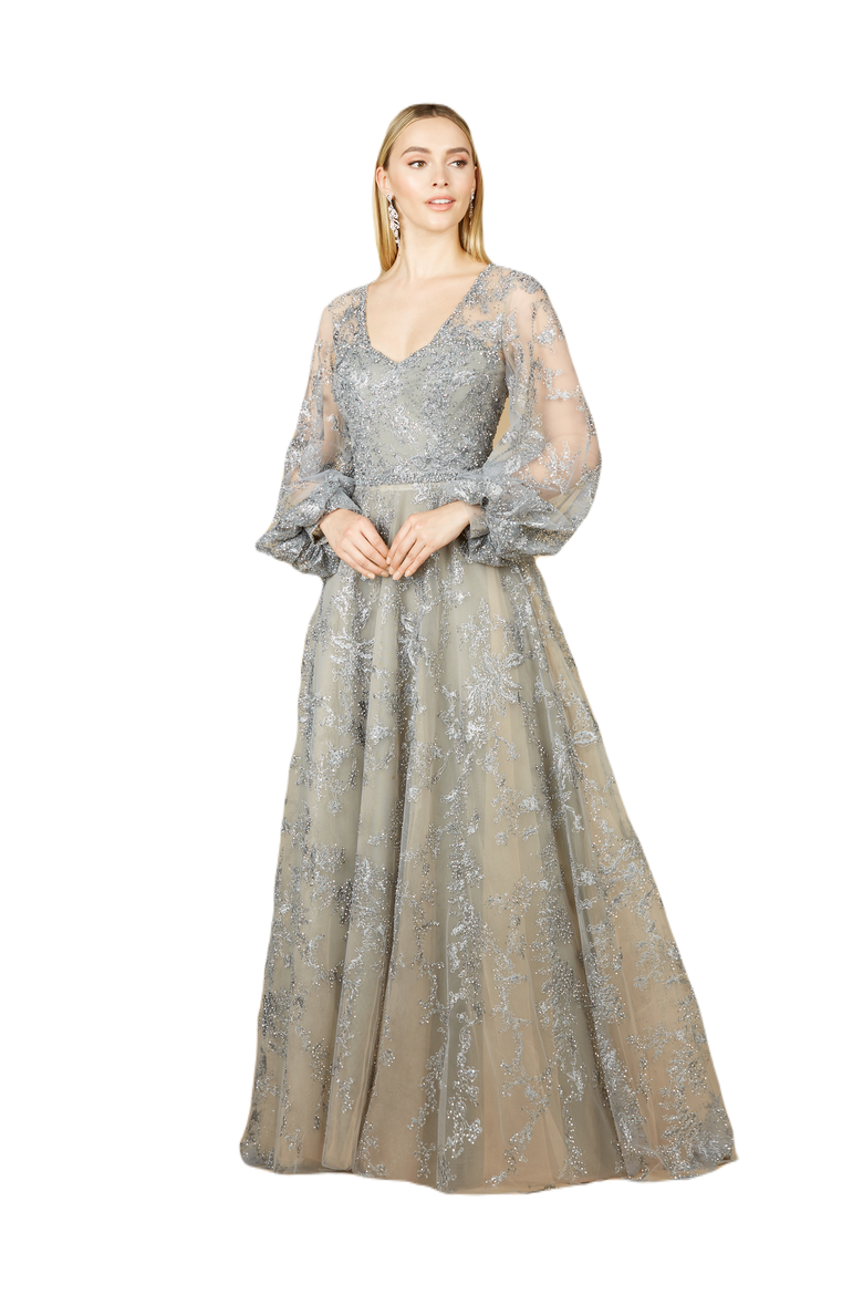 V Neckline Balloon Sleeve Gown, Main, color, Stone