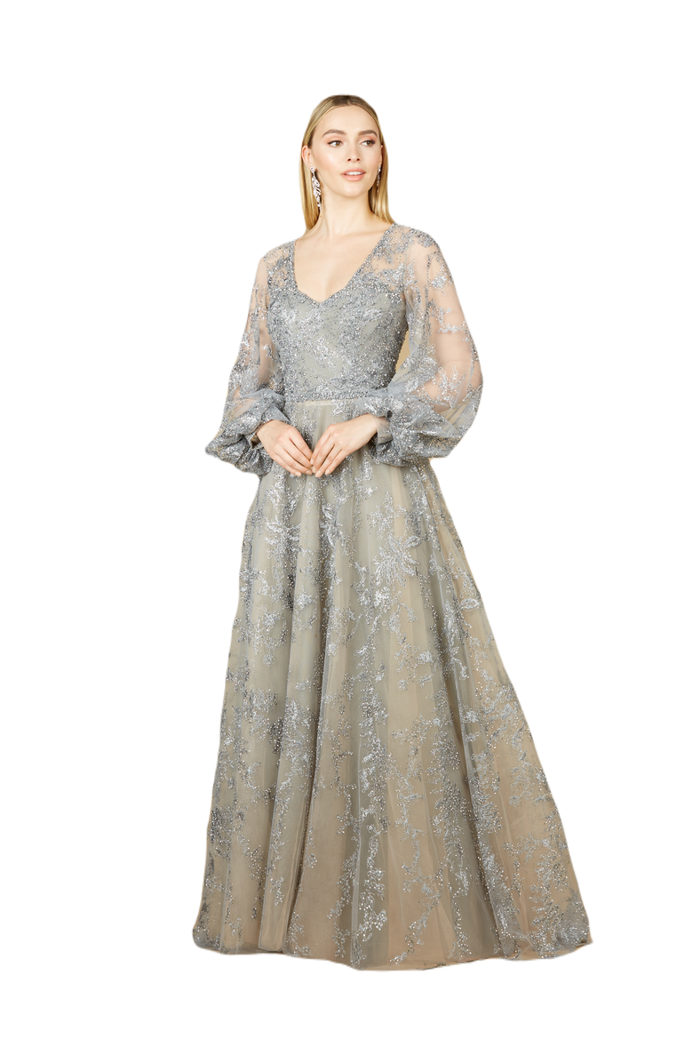 LARA New York V Neckline Balloon Sleeve Gown, Main, color, Stone