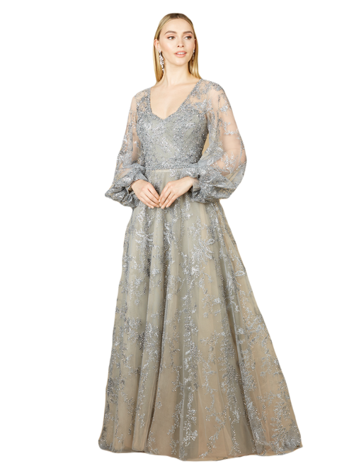 Lara New York V Neckline Balloon Sleeve Gown In Stone