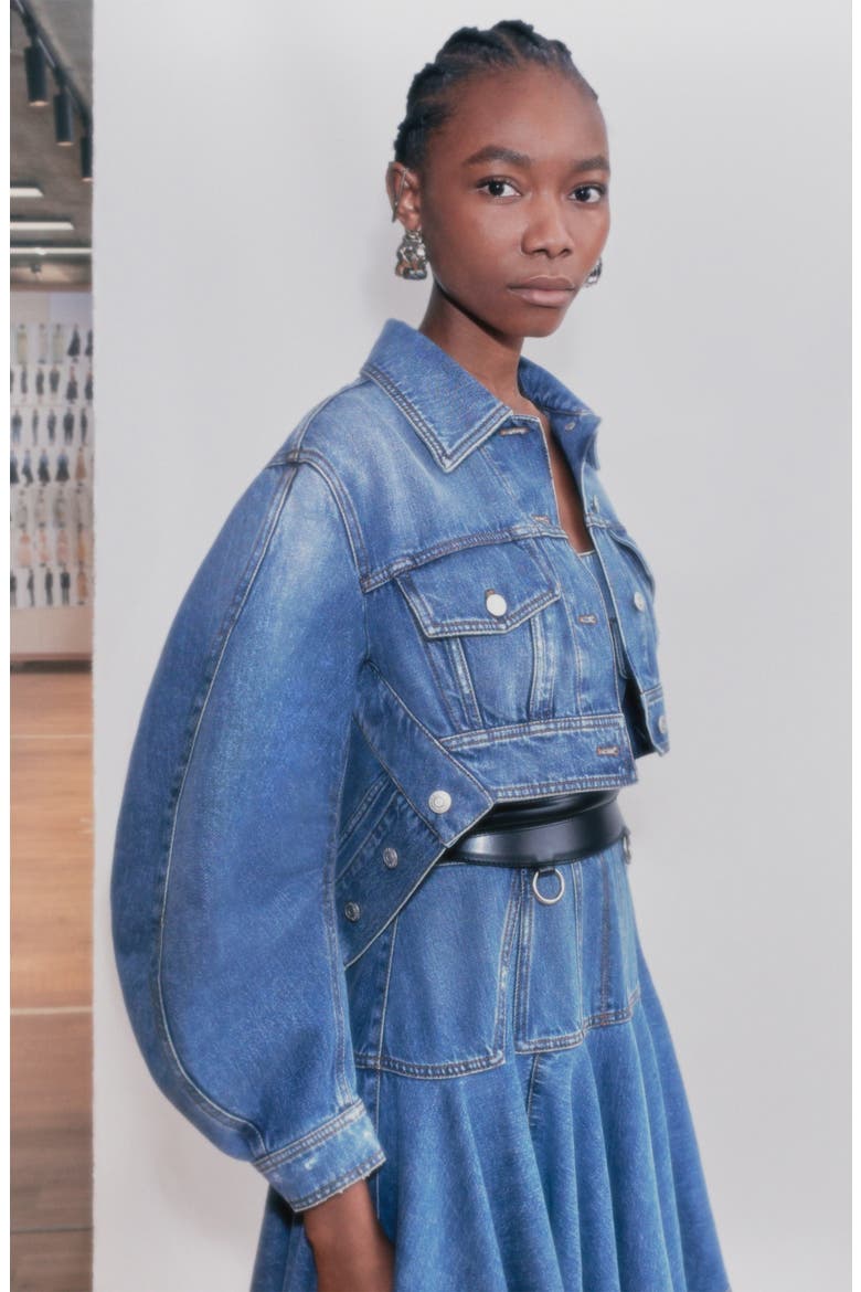 Alexander McQueen Full Sleeve Crop Denim Jacket, Alternate, color, INDIGO WASHED