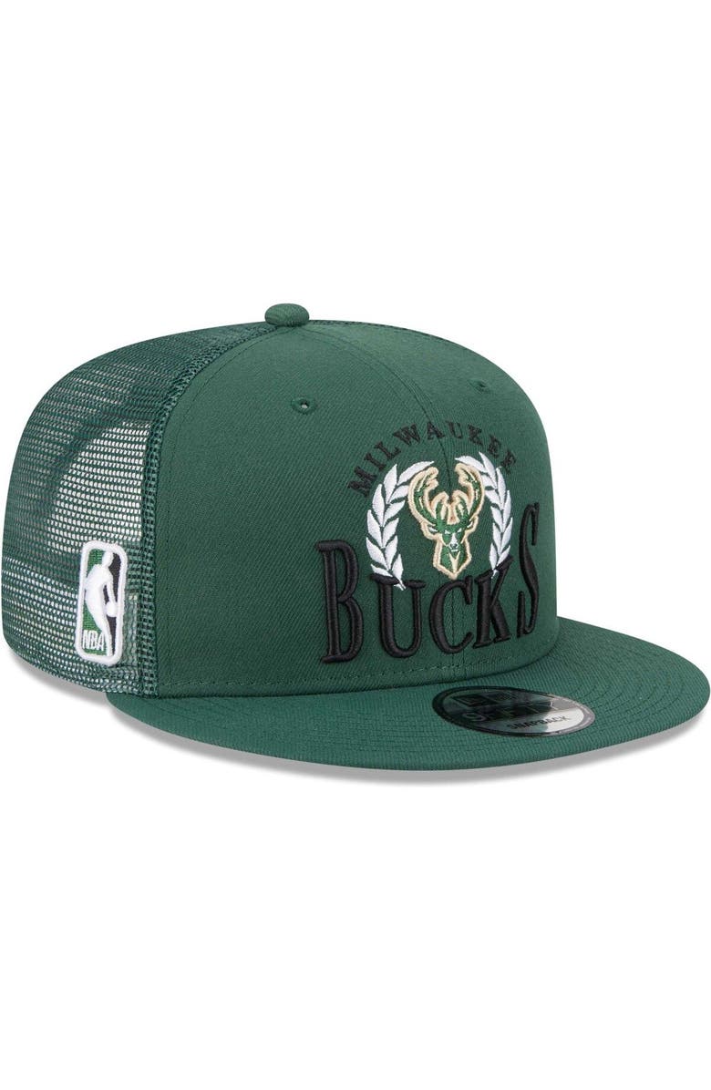 New Era Men's New Era Hunter Green Milwaukee Bucks Bold Laurels 9FIFTY Snapback Hat, Alternate, color,
