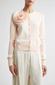 Lela Rose Rose Appliqué Stripe Cardigan