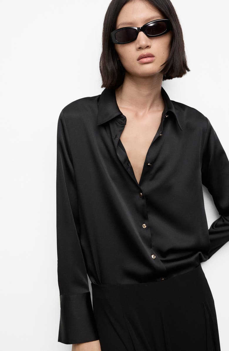MANGO Flowy Satin Shirt, Alternate, color, Black
