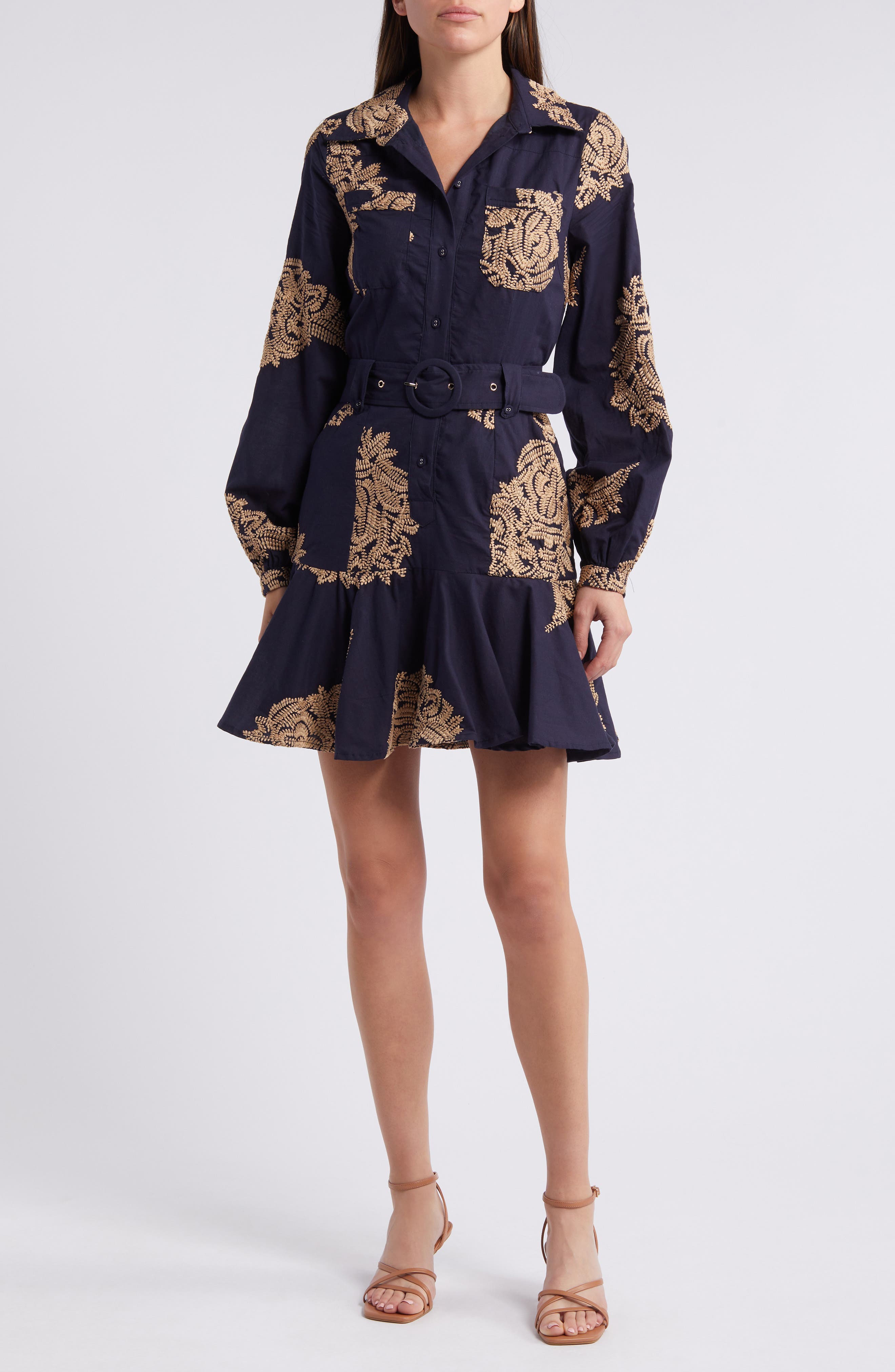 CIEBON Ina Embroidered Long Sleeve Cotton Shirtdress