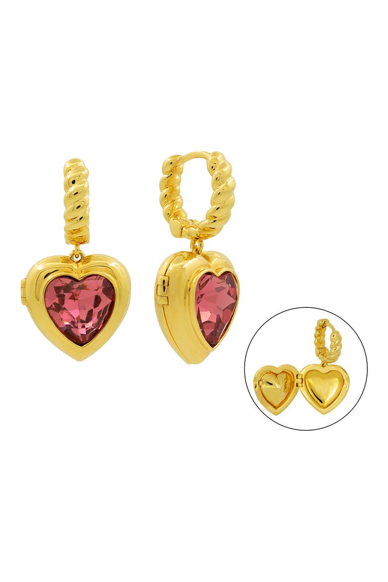 Mi Amor Locket Drop Huggie Hoop Earrings, Main, color, GOLD/ RED HEART SHAPE CRYSTAL
