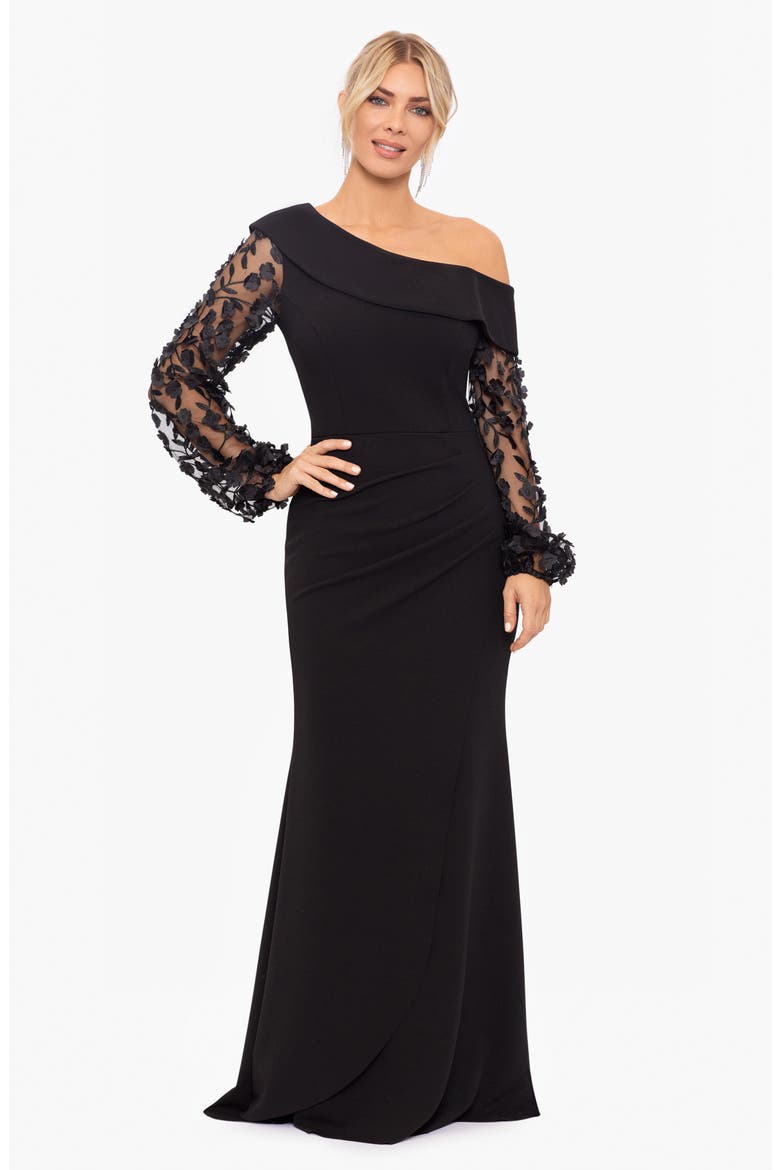 Floral Appliqué Long Sleeve Gown, Alternate, color, BLACK